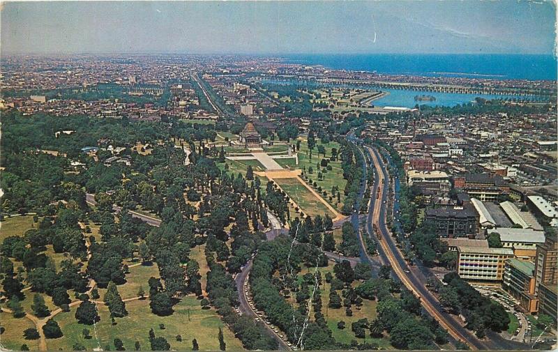 Australia Melbourne St. Kilda Road and the Shrine aerial view