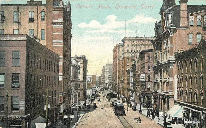 Birdsdeye View DETROIT, MICHIGAN Griswold Street Trolleys postcard 328