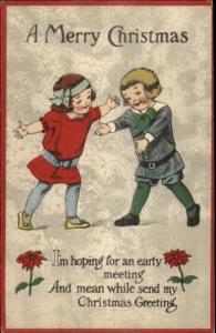 Christmas - Cute Children Hoping For an Early Meeting c1915 Postcard