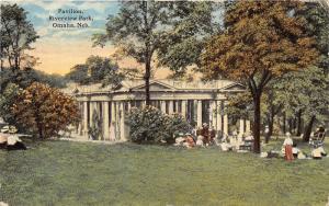 Omaha Nebraska~Riverview Park~Pavilion~People Picnicking on Lawn~1918 Postcard