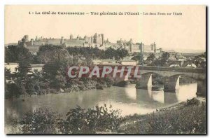 Old Postcard La Cite Carcassonne West General view The two bridges on the Aude