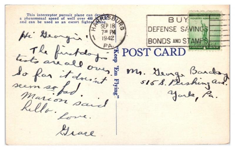 1942 Lockheed P-38 Interceptor, US Army Air Corps Postcard
