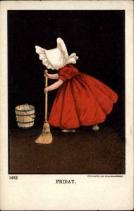 Friday Sunbonnet Girl Sweeping Pin No. 1492 Days of the Week c1905 PC