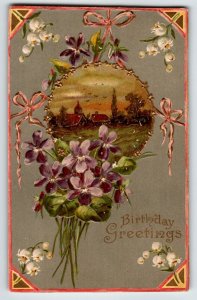 Birthday Flowers Postcard Purple Bouquet Church Vintage Greeting 1910 Germany