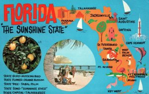 VINTAGE POSTCARD MAP OF FLORIDA THE SUNSHINE STATE MAILED MINERAL SPRINGS 1972