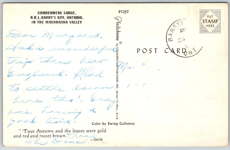 Barry's Bay Ontario Canada 1950s Postcard Combermere Lodge