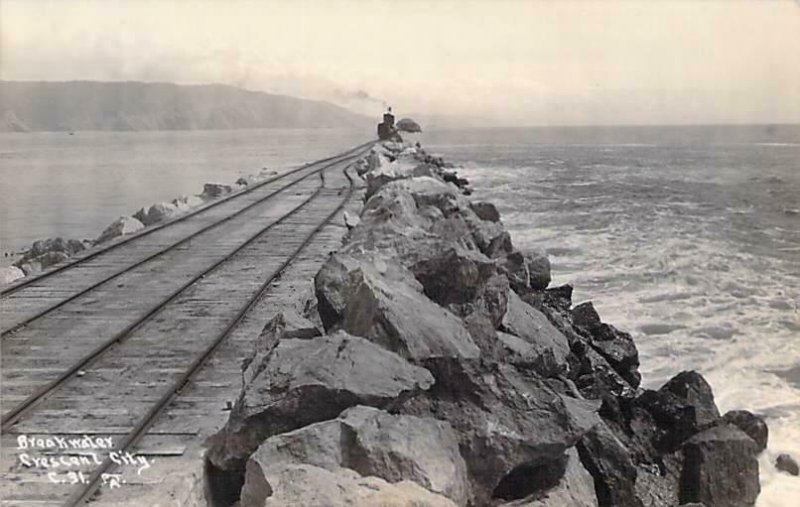 Breakwater, Crescent City, California, Railroad Real Photo Vintage Postcard