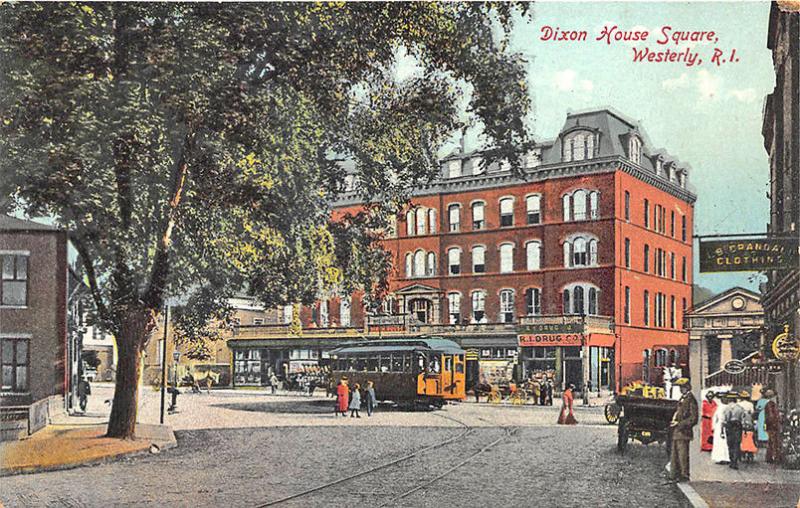 Westerly RI Dixon House Square Trolley Drug Store Postcard