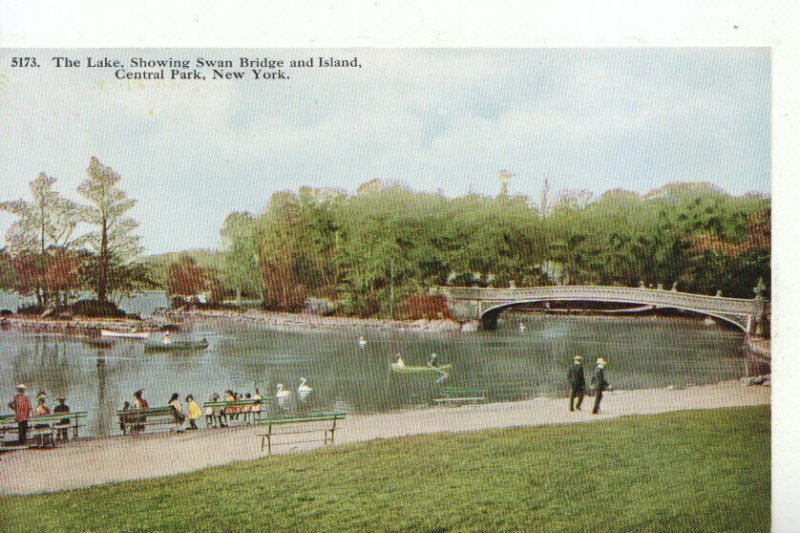 America Postcard - The Lake Showing Swan Bridge & Island - New York - Ref 13546A