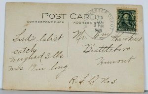 Manchester ME 3lb Fish Freds Catch 1908 to Hawkins Brattleboro VT Postcard K13