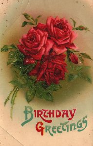 Vintage Postcard 1910s Happy Birthday Three Beautiful Red Flowers Bloom Greeting