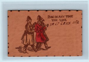 SALT LAKE CITY, UT Utah ~Comic LEATHER Postcard : RUN in ANY TIME YOU LIKE