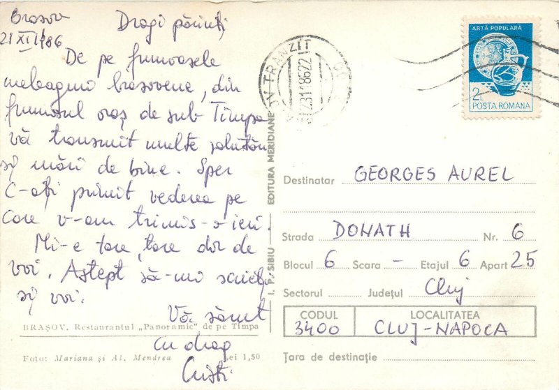 Romania Brasov Restaurantul Panoramic de pe Tampa carte postala