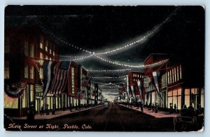Pueblo Colorado CO Postcard Main Street At Night Business Section c1910's Lights