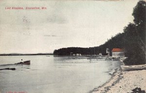 STOUGHTON WISCONSIN~LAKE KEGONSA-BEACH BOATS BOAT HOUSE~1907 POSTCARD