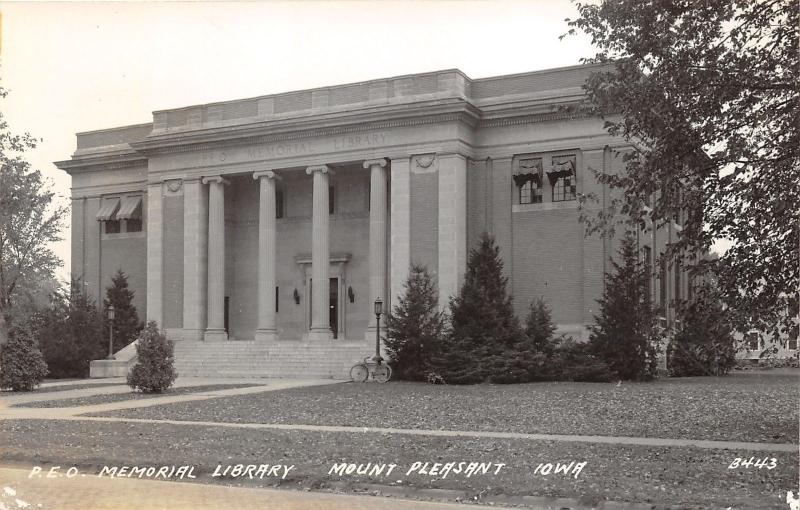 Mount Pleasant Iowa~PEO Memorial Library~Bicycle @ Front~Greek Columns~'40s RPPC
