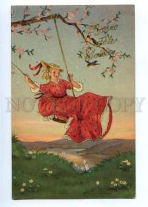 3148987 ART NOUVEAU Lady w/ little Birds on SWING vintage PC