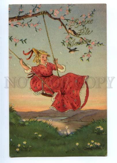 148987 ART NOUVEAU Lady w/ little Birds on SWING vintage PC