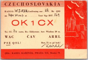 1947 QSL Radio Card Code OK1CX Czechoslovakia Praha Amateur Station Postcard