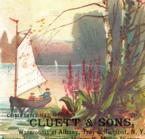 1880s Cluett & Sons Agents For Henry F. Miller Pianos Lake Scene Sailboat F145