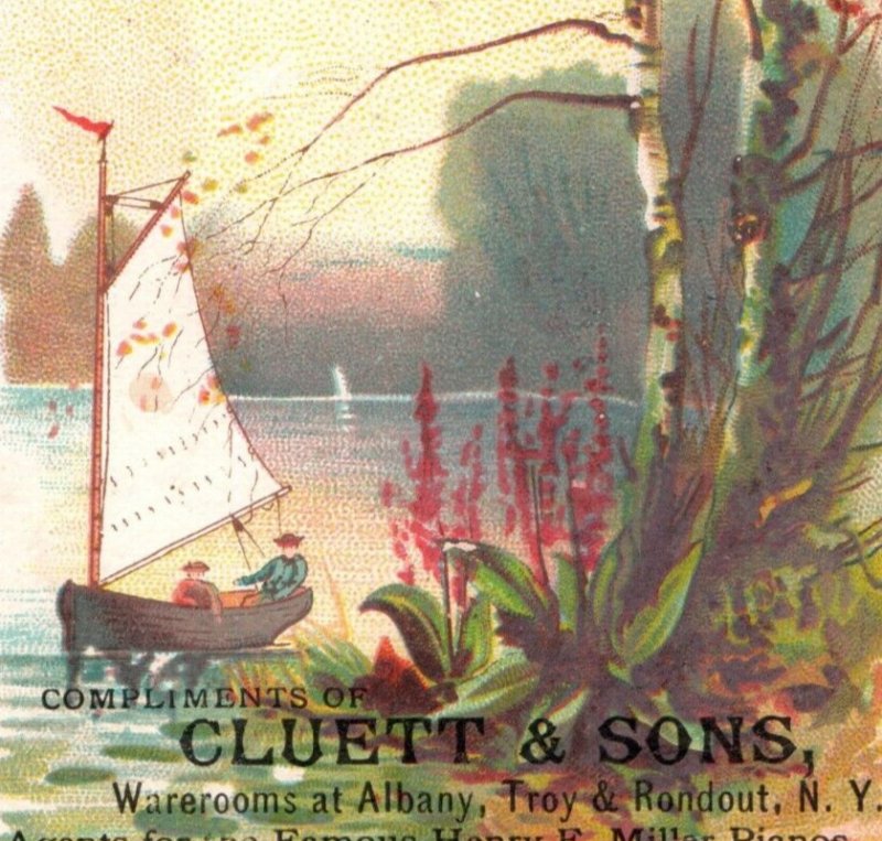 1880s Cluett & Sons Agents For Henry F. Miller Pianos Lake Scene Sailboat F145