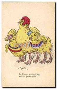 Old Postcard Rooster Hen Chick The protective France