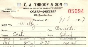 1937 C.A. THROOP & SON COATS-DRESSES CLEVELAND OHIO BILLHEAD STATEMENT Z1378