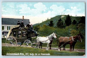 c1912 Adirondack Mountains New York Postcard Tally Ho Riverside Horse Carriage