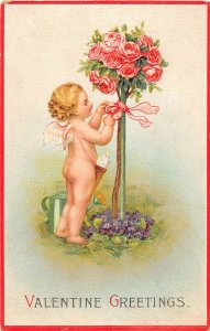 H89/ Valentine's Day Love Holiday Postcard c1910 Cupid Flowers Bow 101