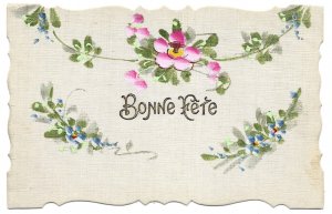 France Unmailed March,1911 Hand Painted Linen Bonne Fête Postcard, Flowers