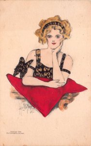 GLAMOUR WOMAN PILLOW HAND DRAWN COLLINS ARTIST SIGNED POSTCARD (1909-1910)