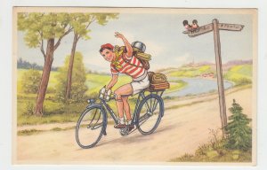 P2432, vintage postcard?/card boy on bicycle birds sign etc, a blank reverse