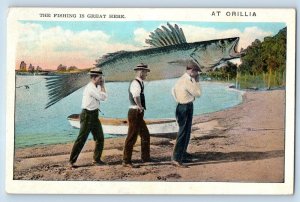 Orillia Canada Postcard The Fishing Is Great Here Men Cached Exaggerated Fish