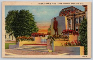 Springfield Illinois~Lincoln Statue @ State Capitol Grounds~Vtg Linen Postcard