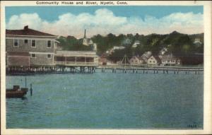 Mystic CT Community House & River c1920 Postcard