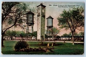 1915 Houston Texas TX Vintage Postcard Clock Tower Quadrangle Fort Sam Posted
