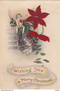 Wishing you a Merry Christmas, PU-1913; Velvet poinsettia aplique, Boy on ban...