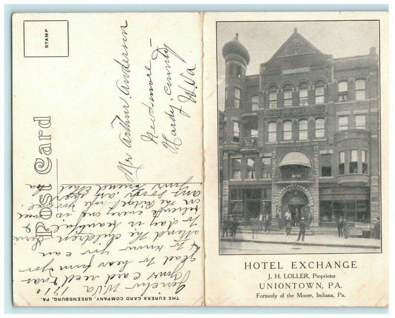 1910 Unusual Hotel Exchange Panoramic Uniontown PA Jericho WV Map Postcard 