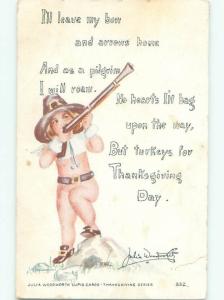 Pre-Linen Thanksgiving signed JULIE WOODWORTH - PILGRIM BOY SHOOTING GUN AB4311