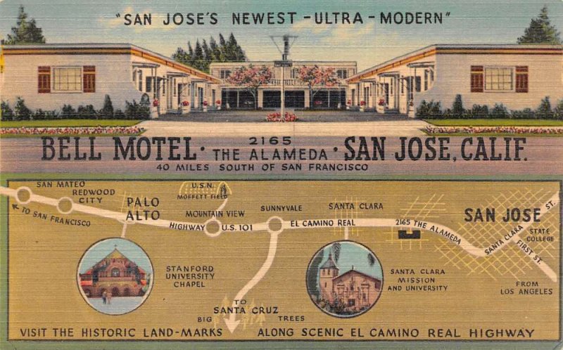 San Jose California Bell Motel El Camino Highway Landmarks Map Postcard AA65476 