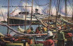 Nassau Bahamas Steamer and Port Market Linen Vintage Postcard