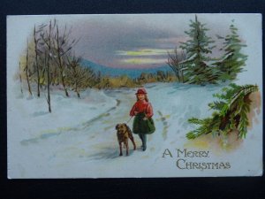 Christmas Greeting A MERRY CHRISTMAS Girl Walking Her Dog c1905 Postcard