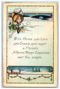 Christmas Holly Berries Pretty Girl Winter Snow Embossed Dual View Postcard