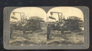 REAL PHOTO U.S. ARMY ARTILLERY SHELLS HOISTED CAPTURED STEREOVIEW CARD