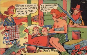 Children Comic Hillbilly Mom with Twins Baby Holds Gun c1940s Linen Postcard