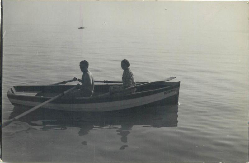 Photo postcard Romania Amateur Laborator Foto Elite Zalau couple boat snapshot