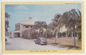 P2798, old postcard old car street scene public libary fort meyers florida