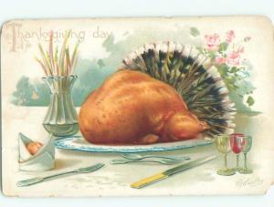 Pre-Linen Thanksgiving signed COOKED TURKEY BIRD ON PLATTER AB4384