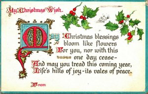 Christmas Wish Poem Illuminated Text Holly Embossed 1919 Postcard Christmas Seal