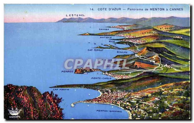 Old Postcard panorama of Menton Cannes